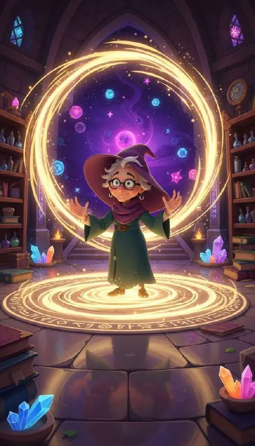 Una anciana bruja con gafas abre los brazos en el centro de un portal de luz dorada dentro de una biblioteca