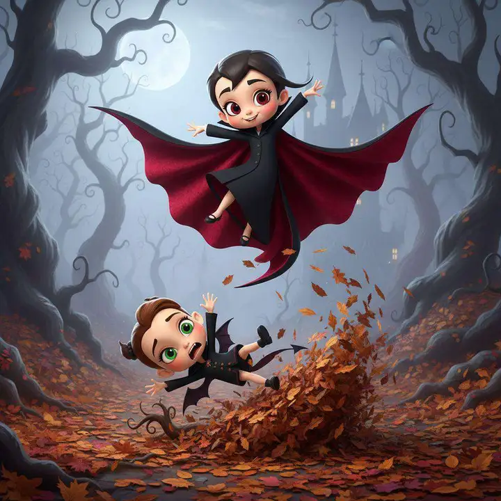 Una vampira con capa roja hace una pirueta en el aire mientras otra cae sobre un montón de hojas secas