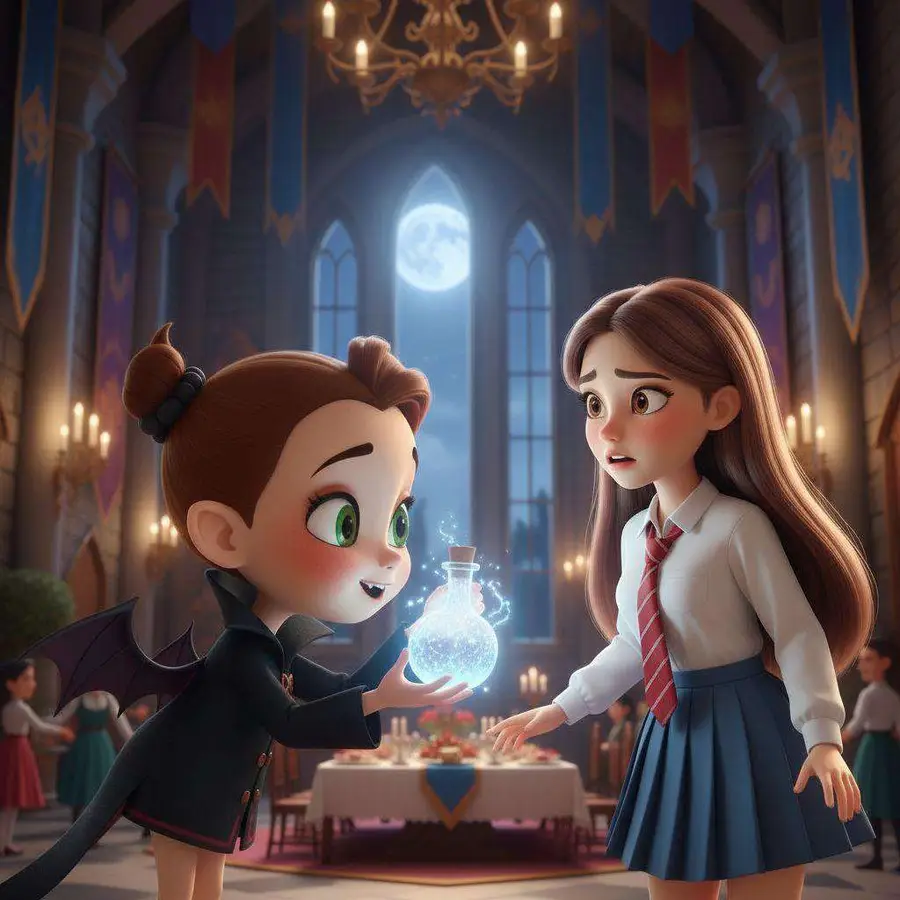 Una vampira sostiene un frasco con una lágrima brillante ante una alumna preocupada, en el salón del castillo