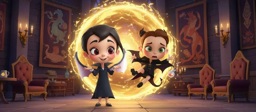 Dos jóvenes vampiros cruzan sonrientes un portal de luz dorada en una sala de la escuela