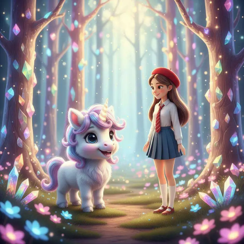 Un potrillo unicornio de crin rosa y una alumna con boina roja en un bosque de troncos cubiertos de cristales