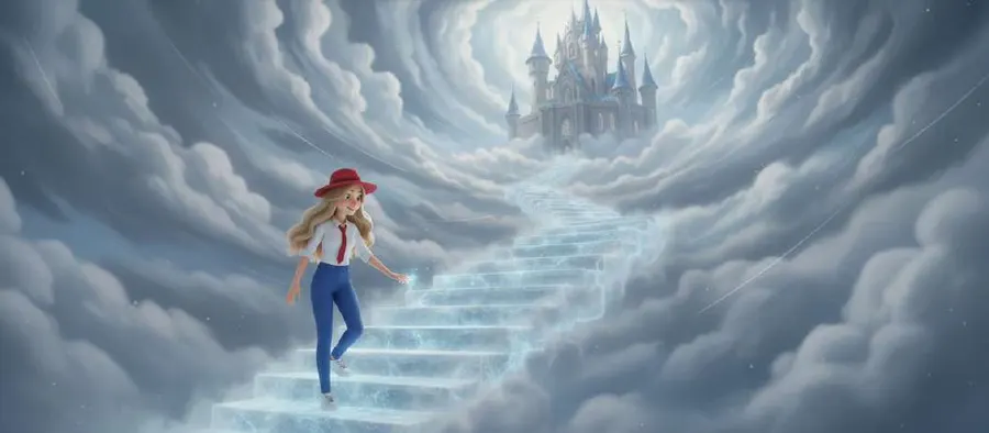 Una alumna sube una escalera de niebla entre nubes hacia un castillo flotante
