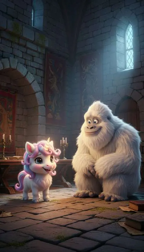 El potrillo unicornio y un gigante blanco y peludo se miran en una sala de piedra del castillo