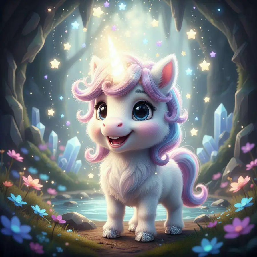 El potrillo unicornio sonríe con el cuerno encendido en una cueva llena de estrellas que salen volando