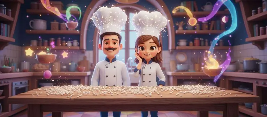 Adrián y Candela, con gorros de chef, ante una mesa de madera cubierta de alubias blancas en su cocina mágica