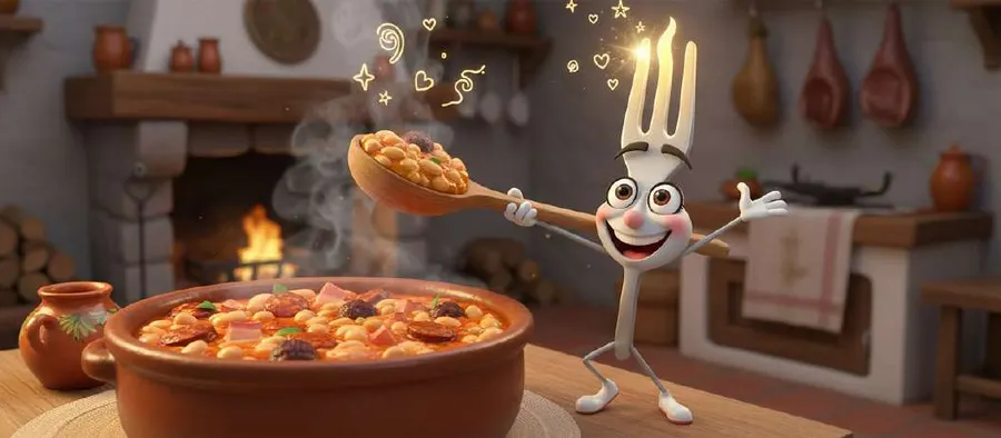 Fork, el tenedor parlante, saca una cucharada de la cazuela de barro con la fabada humeante junto al fuego