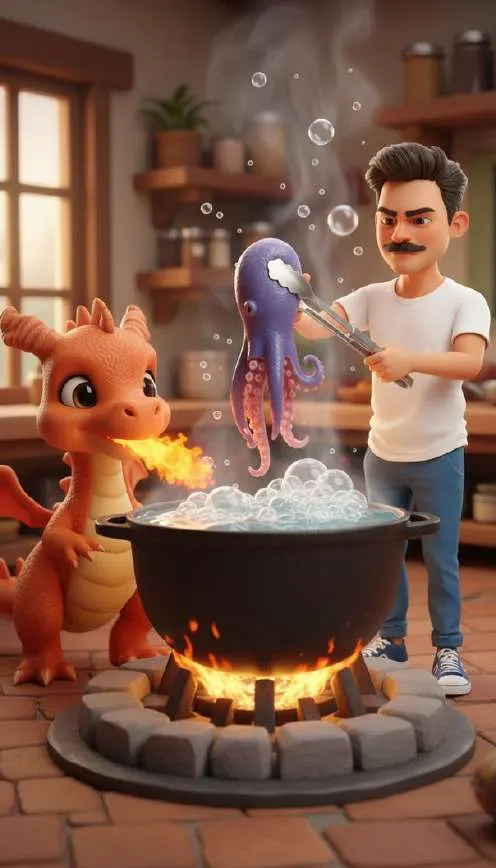 Adrián sujeta el pulpo con pinzas sobre una olla hirviendo mientras Flami, el dragón naranja, sopla el fuego