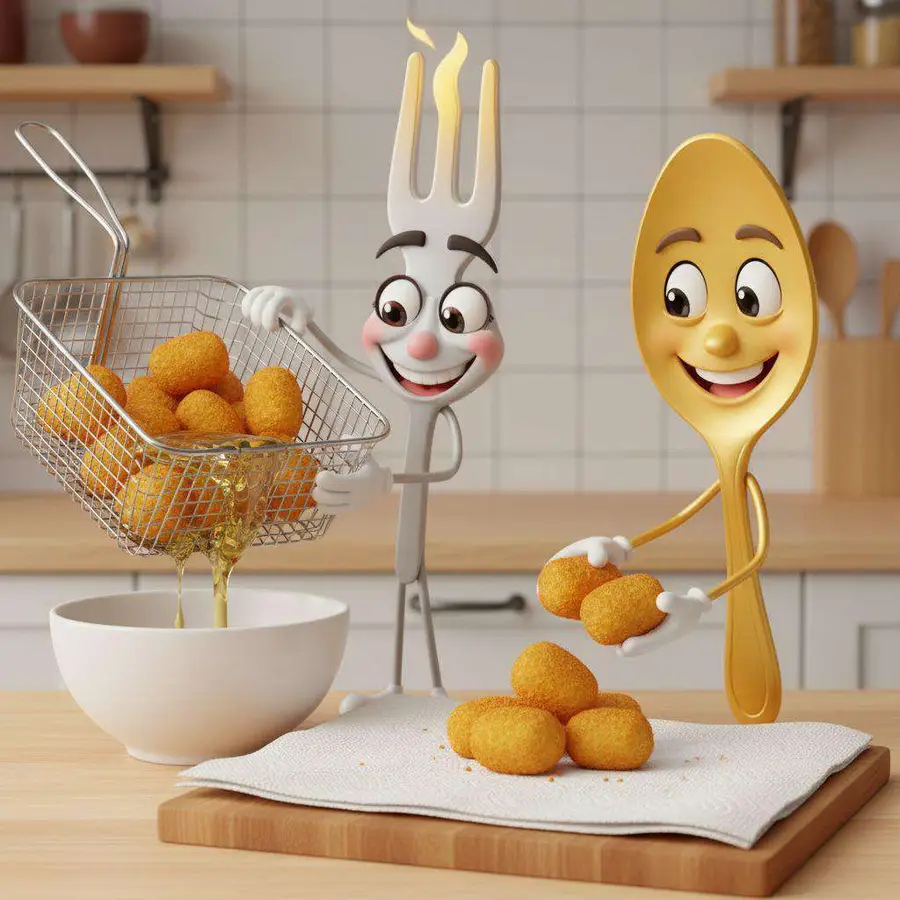 Fork y Spoon sacan las croquetas doradas de la freidora y las colocan sobre papel absorbente