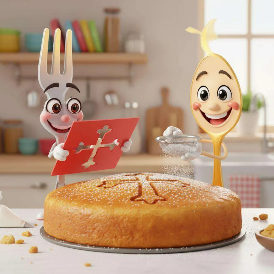 La tarta de Santiago con la cruz dibujada en azúcar glas, entre Fork con la plantilla y Spoon con el colador