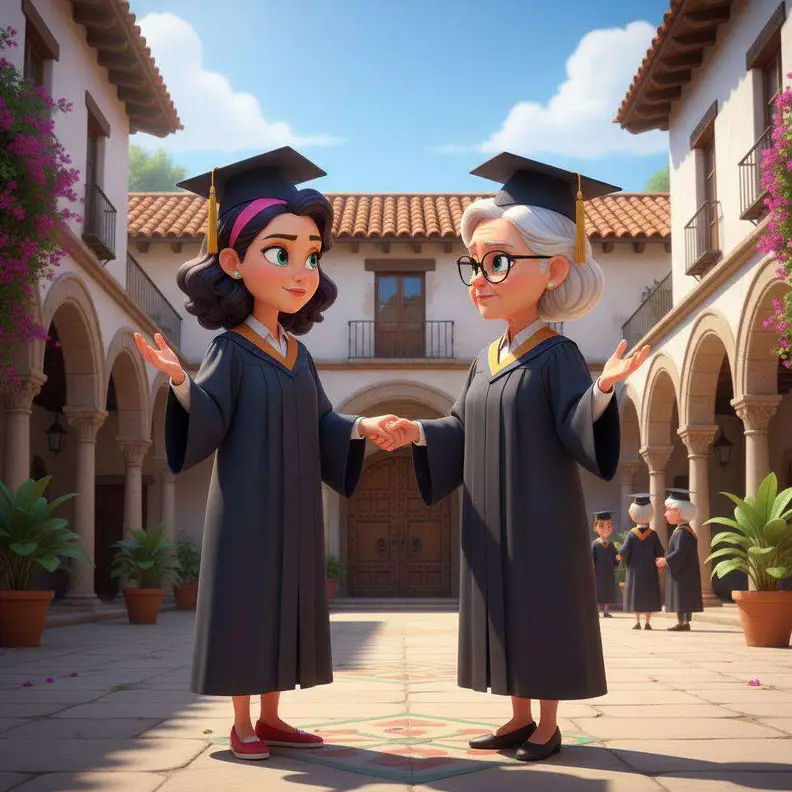 Dos jóvenes con toga y birrete se abrazan sonriendo el día de su graduación