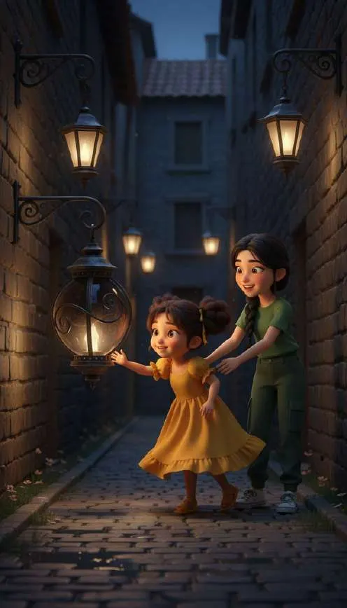 Una niña con vestido amarillo señala un farol colgado en un callejón empedrado de noche mientras una joven tira de su mano para apartarla