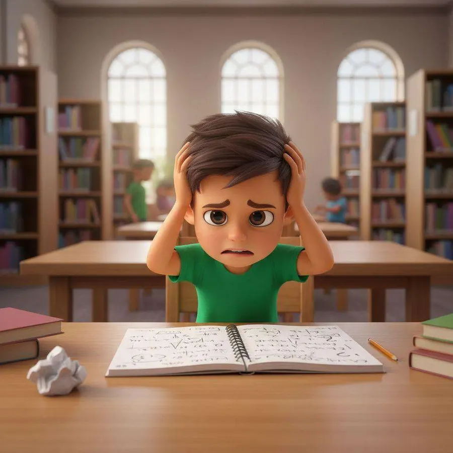 Un niño se lleva las manos a la cabeza ante un cuaderno abierto lleno de apuntes, en la mesa de una biblioteca escolar