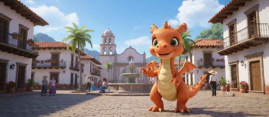 El dragoncito naranja recorre la plaza empedrada de un pueblo mexicano, con la fuente y la iglesia de campanario al fondo