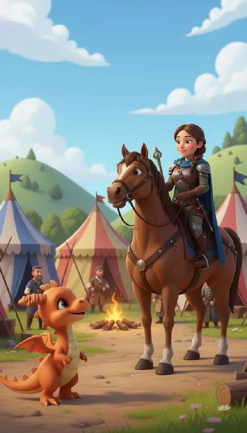 Una mujer con capa azul cruza a caballo un campamento de tiendas de campaña mientras el dragoncito la saluda desde el suelo