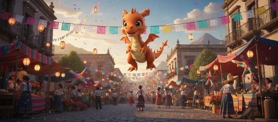El dragoncito vuela sobre una calle en fiestas, entre papel picado, farolillos encendidos y puestos de mercado llenos de gente