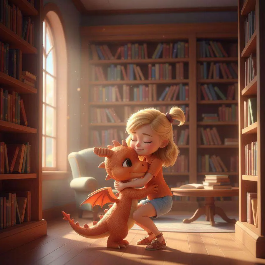 Una niña abraza al dragoncito naranja en la biblioteca del colegio, entre estanterías de libros iluminadas por la ventana