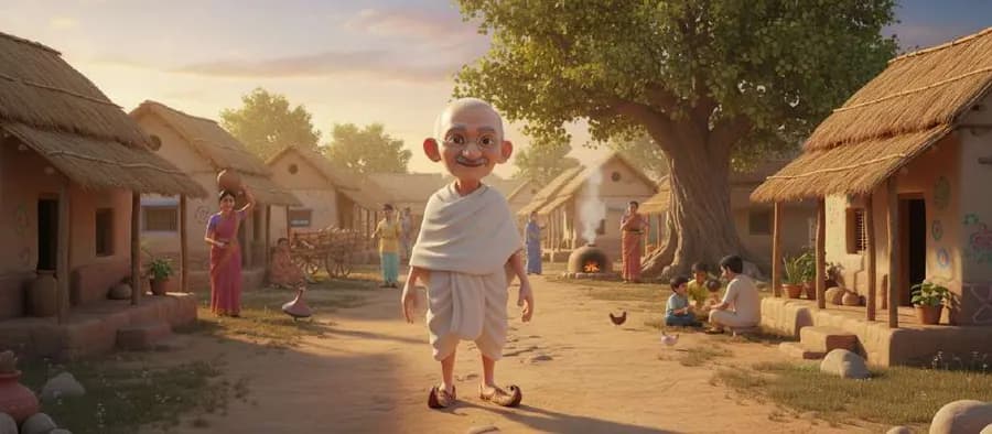 Gandhi camina descalzo por el camino de tierra de la aldea, entre casas de adobe y tejados de paja