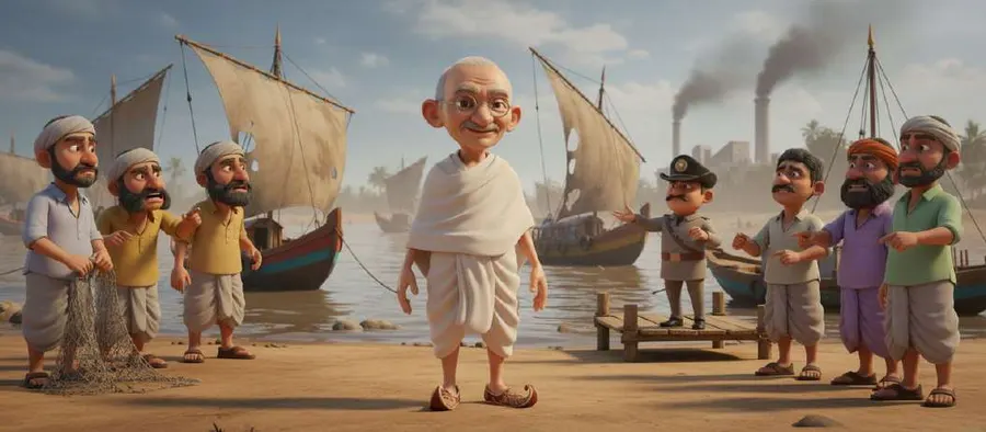 Gandhi, entre los pescadores con sus redes y los agricultores, en la orilla del río llena de barcas