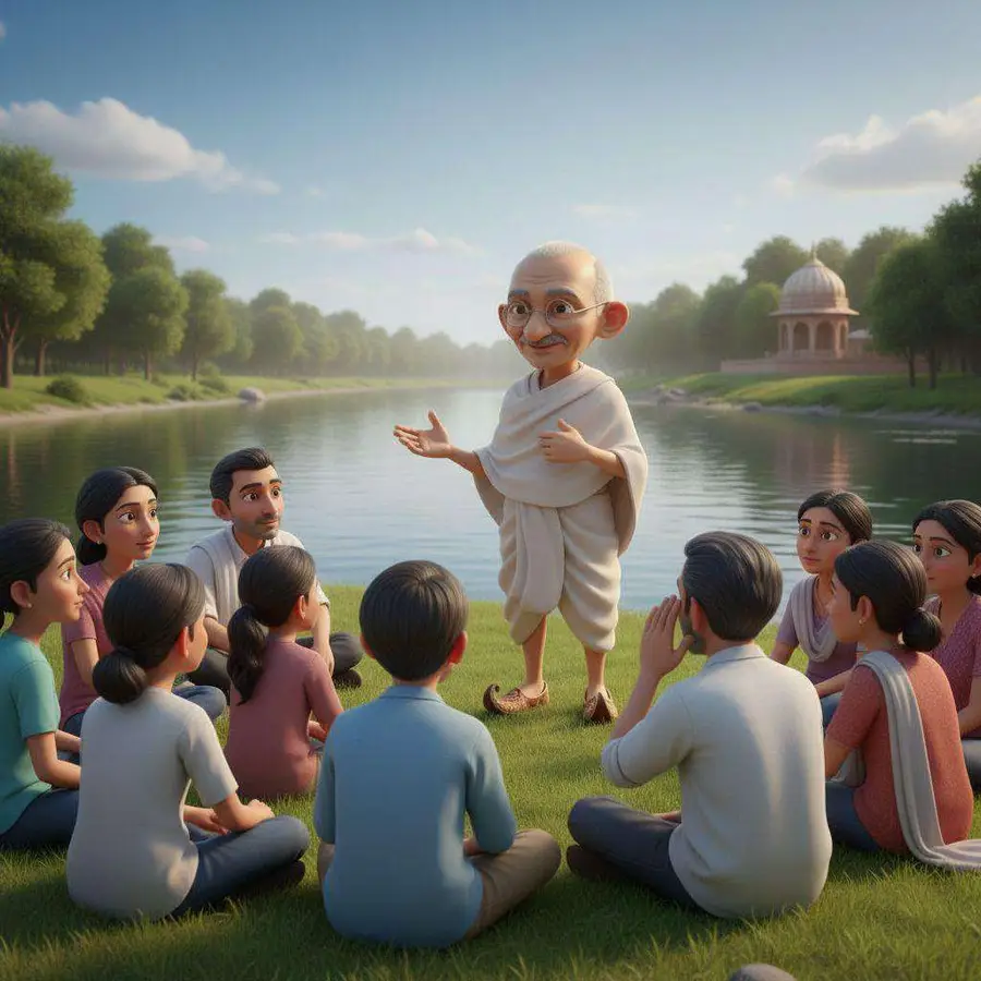 Gandhi habla con la mano abierta a un grupo de vecinos sentados en la hierba, junto al río