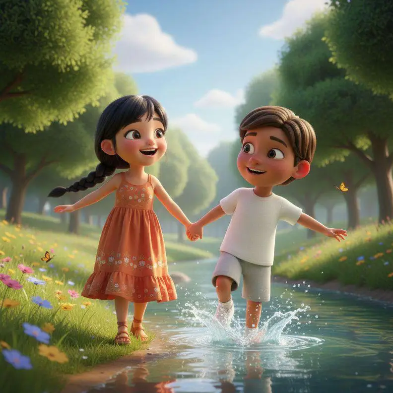 Asha y Raju, de la mano, chapotean en la orilla del río rodeados de flores