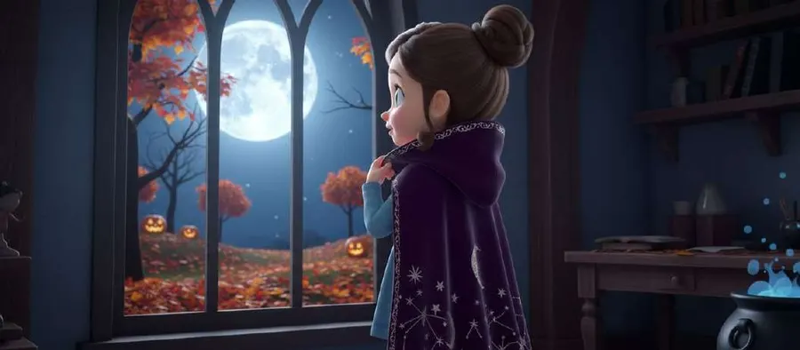Una niña con capa de bruja mira por un ventanal la luna llena y los árboles de otoño, con calabazas iluminadas en el jardín
