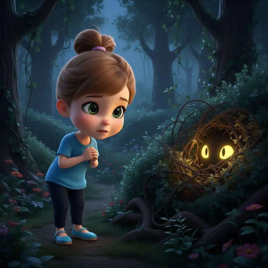 Una niña se detiene sobresaltada en un jardín oscuro ante dos ojos amarillos que brillan entre los arbustos