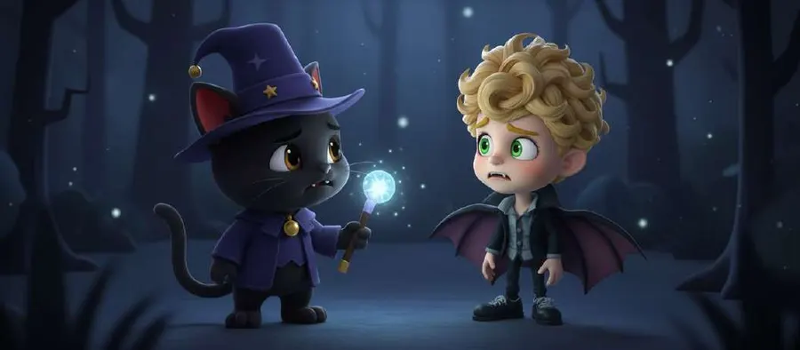 El gato negro con sombrero de mago sostiene una varita luminosa frente a un niño vampiro de capa, en un bosque nocturno