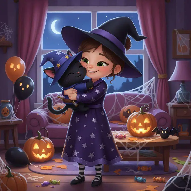 Una niña con sombrero de bruja abraza a un gato negro en un salón decorado con calabazas, telarañas y globos