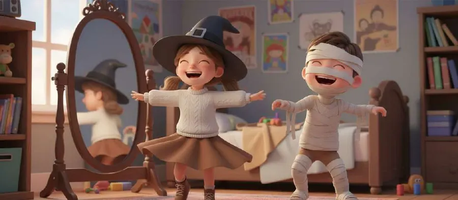 Una niña con sombrero de bruja gira frente a un espejo de pie mientras un niño vendado como una momia ríe a su lado, en un dormitorio infantil