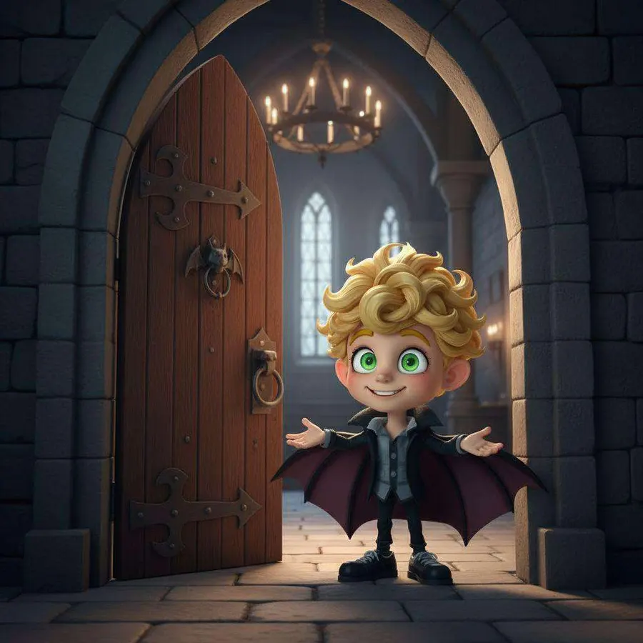 Un niño vampiro de pelo rubio rizado y capa negra abre los brazos en la puerta de madera de una casa de piedra iluminada por una lámpara de velas
