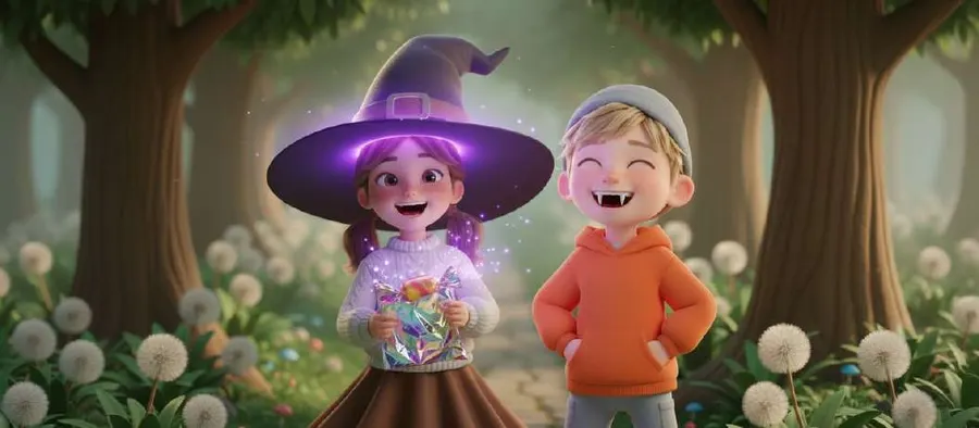 Una niña con un sombrero de bruja que brilla en violeta sostiene un caramelo envuelto junto a un niño con colmillos de vampiro que ríe, en un camino entre árboles y dientes de león