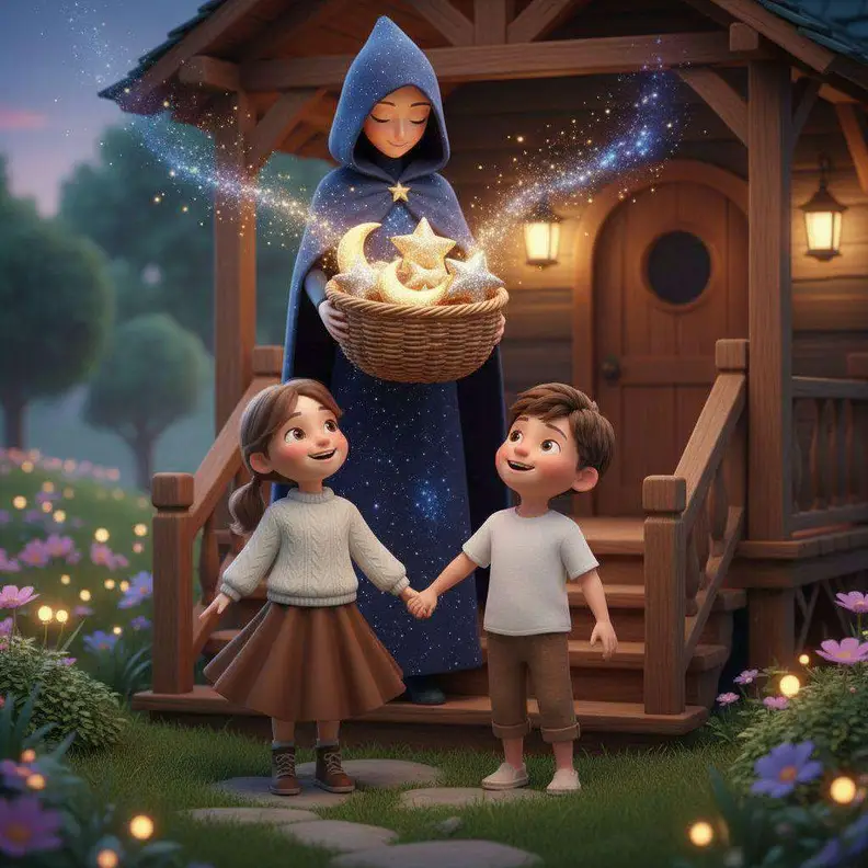 Una maga con capa azul de estrellas sostiene una cesta de dulces con forma de luna y estrella ante dos niños cogidos de la mano, frente al porche de madera de una casa