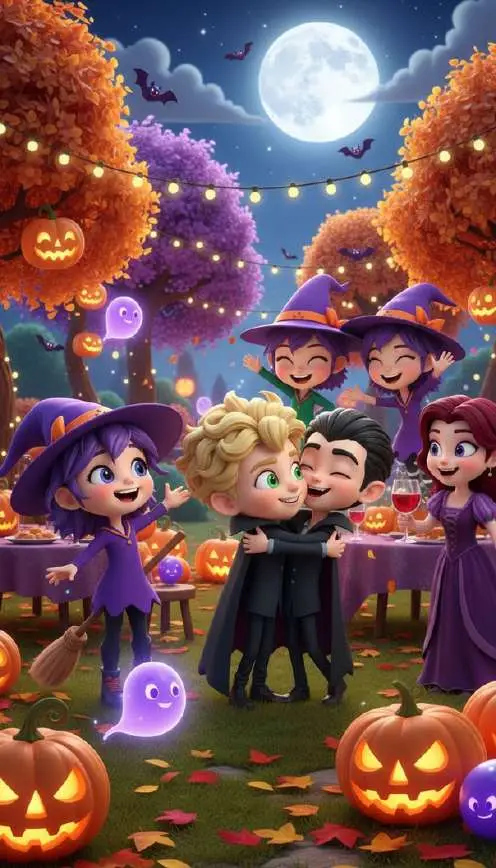 Una brujita de pelo morado, un niño vampiro rubio abrazado a otro vampiro y varias brujas jóvenes celebran una fiesta nocturna entre calabazas iluminadas y un pequeño fantasma