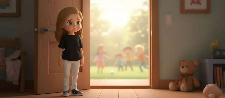 Una niña se queda parada en el marco de una puerta, mirando hacia una habitación iluminada donde otros juegan al fondo