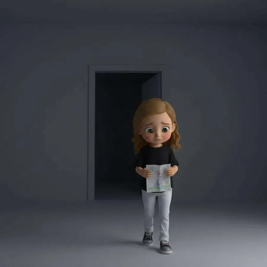 Una niña avanza sola por un pasillo en penumbra sujetando un dibujo con las dos manos