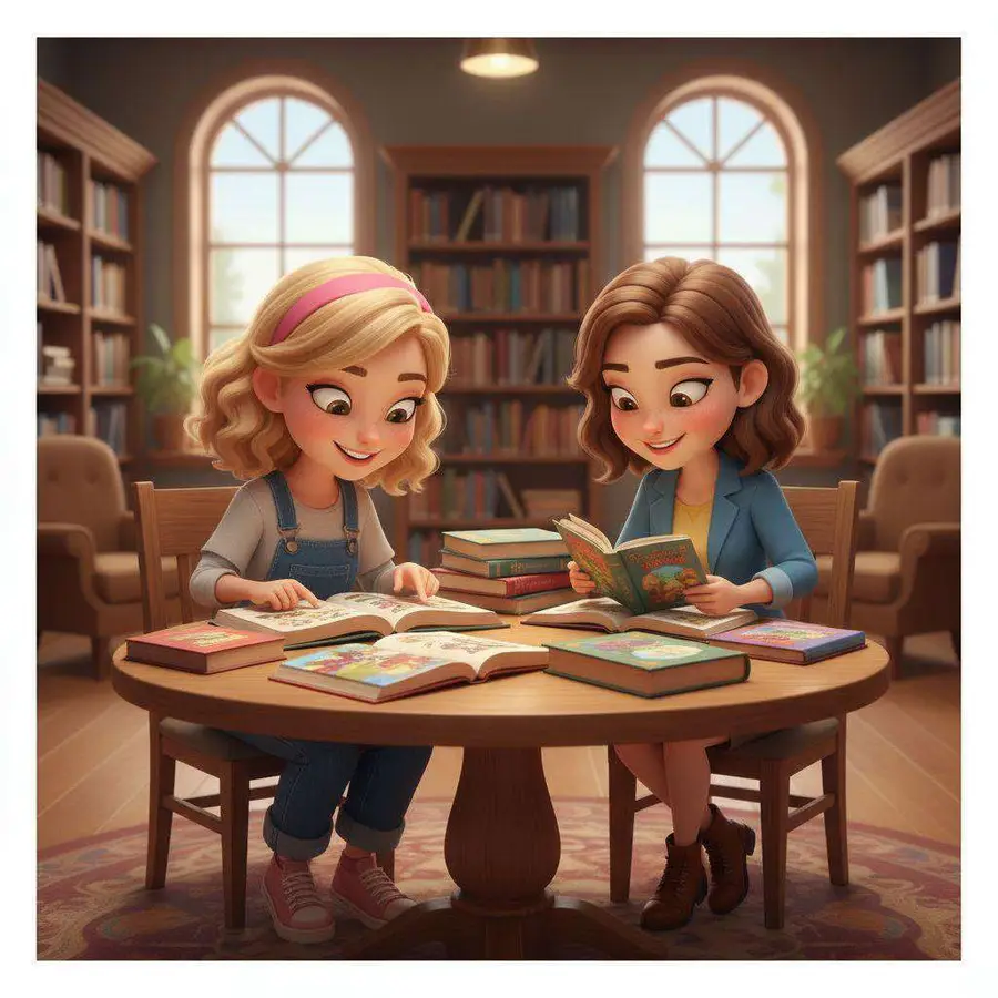 Dos mujeres jóvenes inclinadas sobre una mesa redonda llena de libros ilustrados abiertos, en una biblioteca de ventanas altas