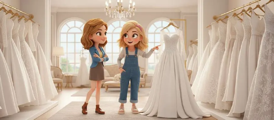 Dos mujeres eligen entre varios vestidos de novia colgados en una tienda luminosa con lámpara de araña