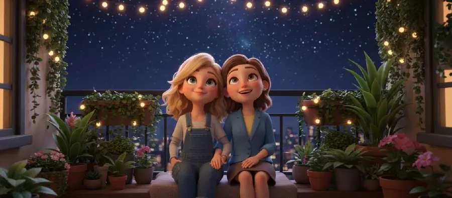 Dos mujeres sentadas juntas en un balcón lleno de plantas, bajo un cielo estrellado y guirnaldas de luces