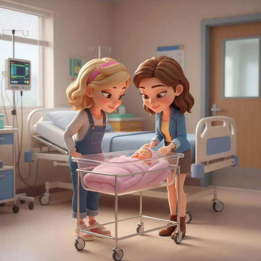 Dos mujeres se asoman juntas a la cuna de un hospital donde duerme un bebé envuelto en una mantita rosa