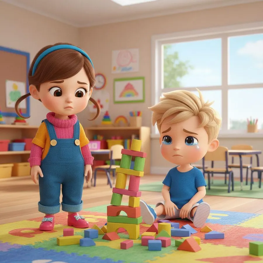 Alba mira preocupada a Hugo, que llora sentado junto a los restos de la torre