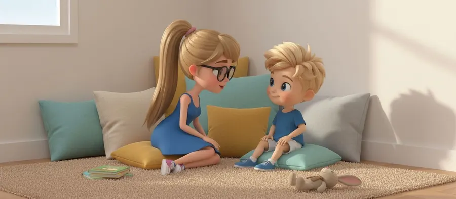 Laura, la maestra, habla con Hugo sentados entre cojines en el rincón de la calma