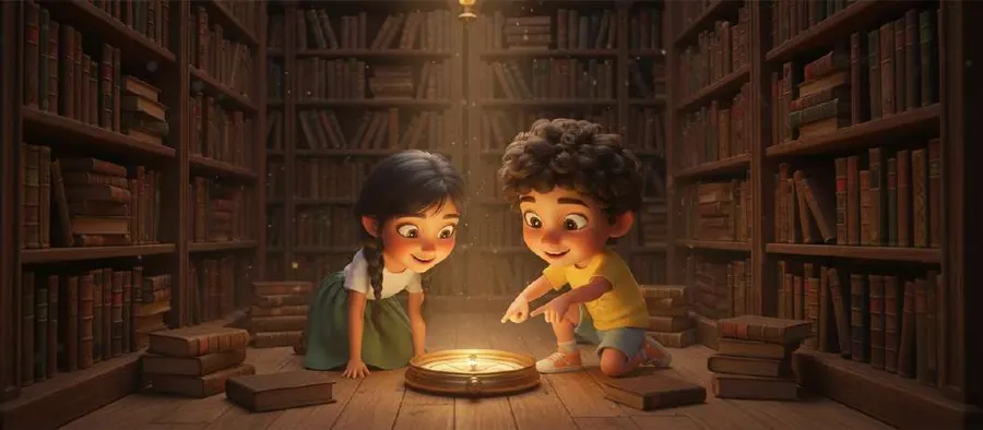 Dos niños agachados en el suelo de una biblioteca observan una brújula antigua que despide un resplandor dorado entre libros apilados
