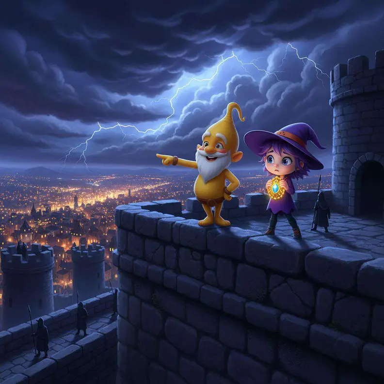 Un genio amarillo señala desde lo alto de una muralla la ciudad iluminada bajo una tormenta, junto a una bruja con sombrero morado y centinelas en las almenas
