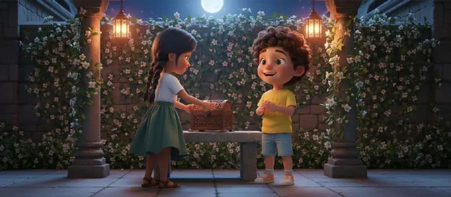 Dos niños entregan una caja de madera sobre un banco en un patio cubierto de jazmines iluminado por faroles y la luna
