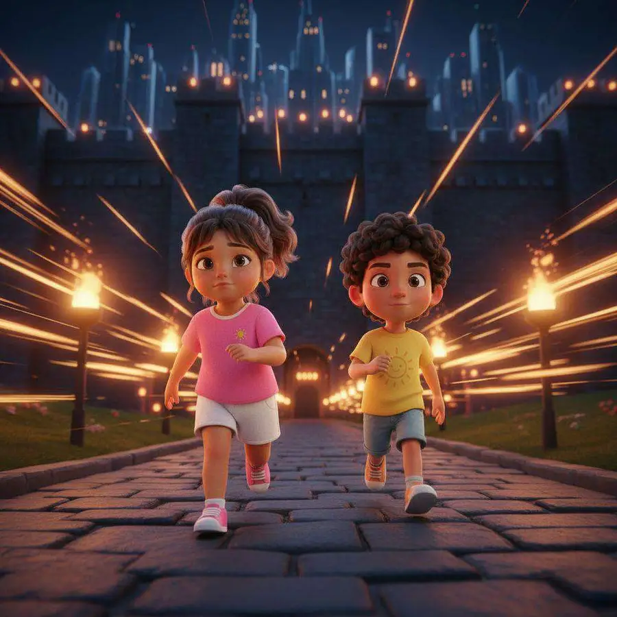 Dos niños corren por una calzada empedrada hacia las murallas iluminadas por antorchas, con la ciudad al fondo en plena noche