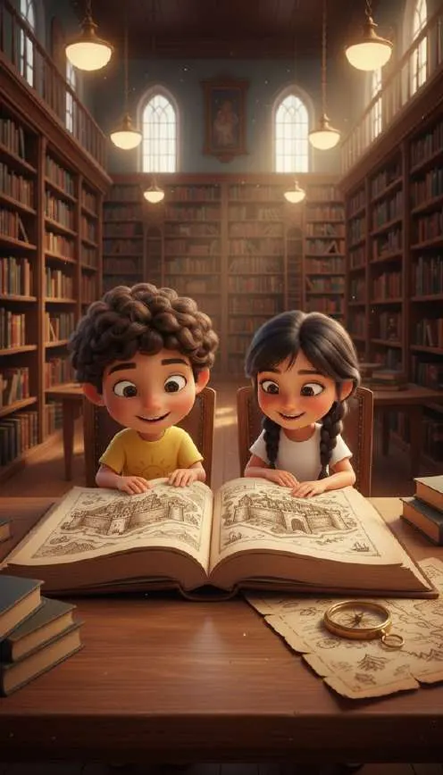 Dos niños sentados a una mesa de biblioteca miran un libro abierto con grabados de murallas, junto a una brújula y unos mapas enrollados