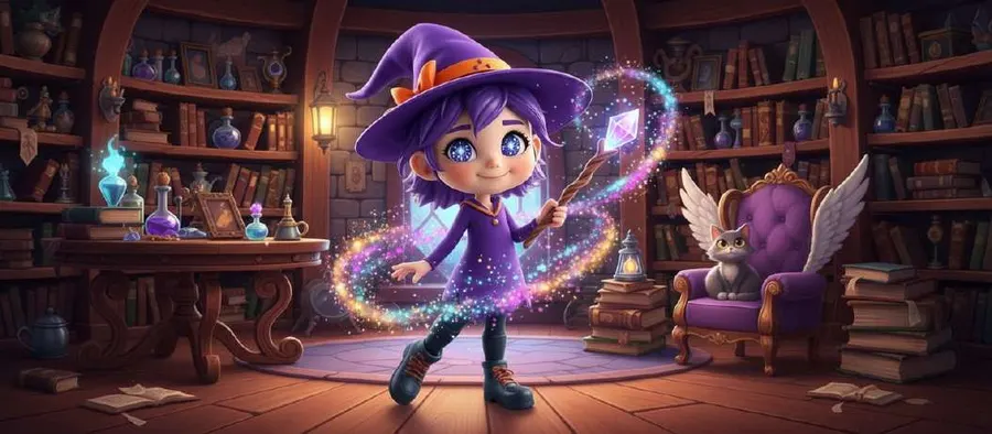 Una brujita de sombrero morado agita su varita en una biblioteca de madera llena de libros y frascos de colores