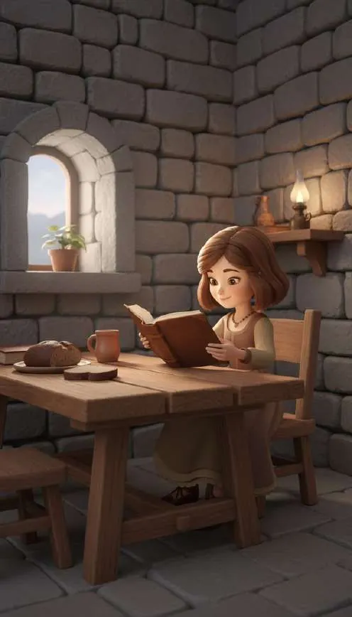 Una niña lee un libro sentada a una mesa de madera en una habitación de piedra, con una ventana estrecha y un candil