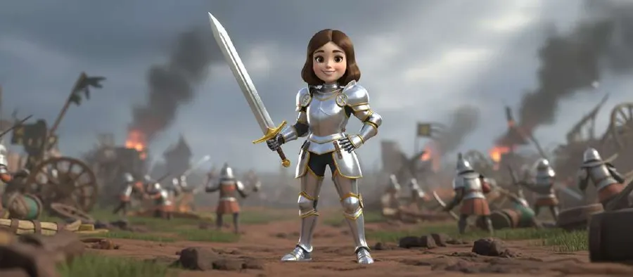Isabel con armadura plateada y espada en alto en un campo de batalla lleno de humo y soldados