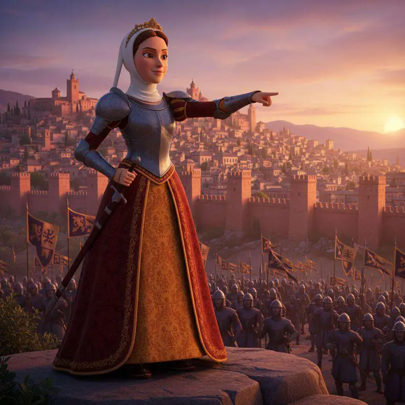 Isabel con vestido rojo señala desde una roca hacia la ciudad de Granada al atardecer, con su ejército debajo